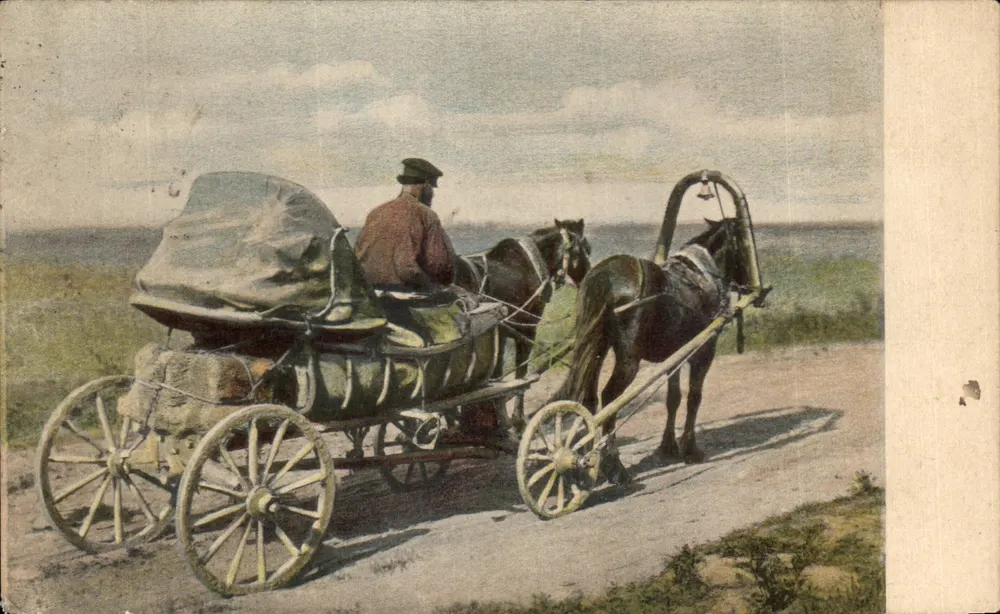 Carrosse à deux chevaux — scène de campagne — éditeur non identifié - Frente