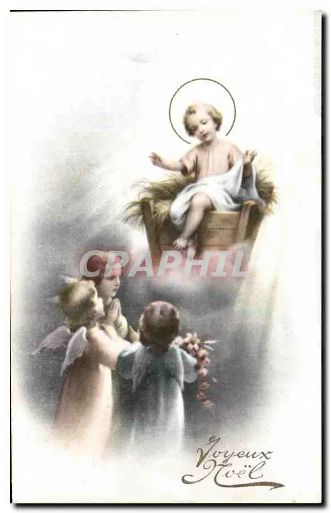 Criança Jesus na manjedoura — anjos e crianças — texto 'Voyeux Noël' - Frente