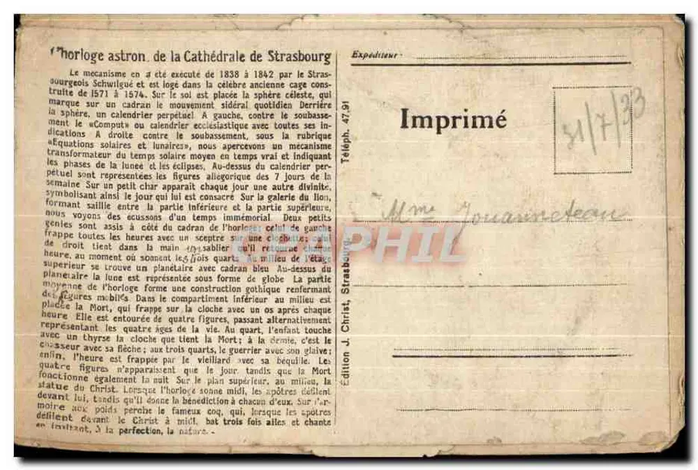 Astronomische Uhr der Kathedrale von Straßburg — Verlag Druck, Nr. 47,51 - Rückseite