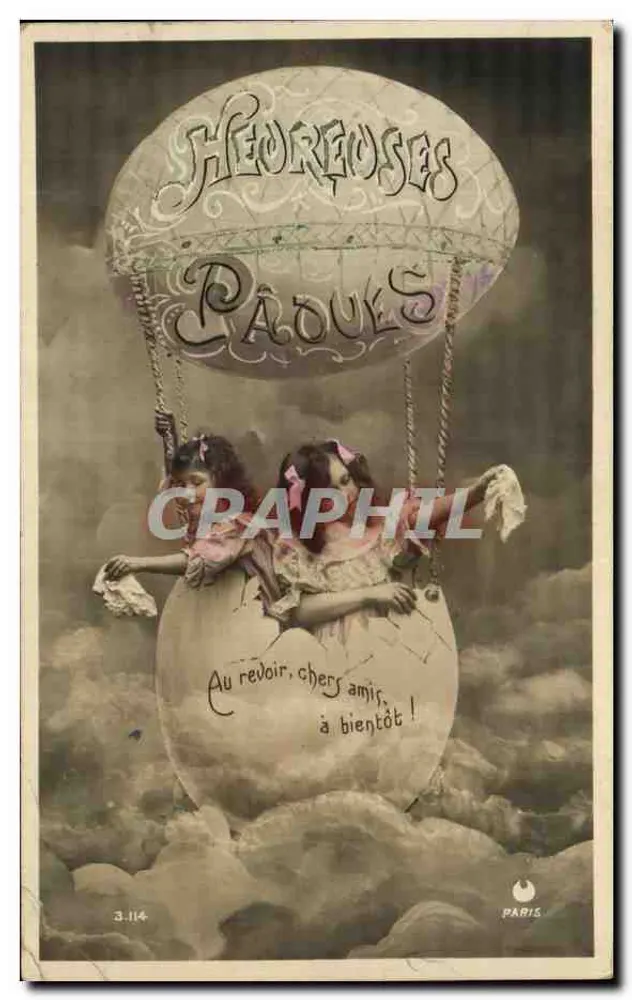 Zwei Kinder in einem Ballon — Frohe Ostern — Paris, Nr. 3.114 - Vorderseite