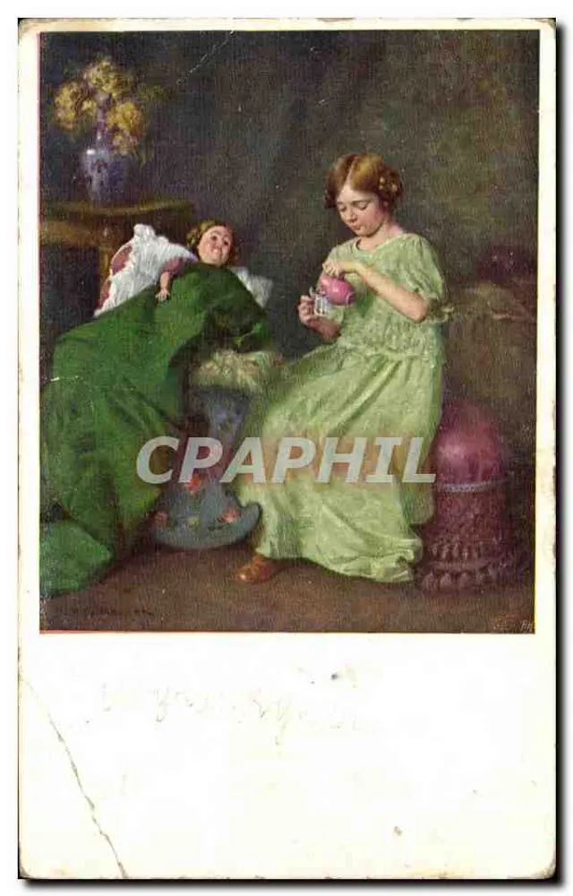 Femme allongée — jeune fille en robe verte versant du thé — éditeur R. W. L. 341-4 - Vorderseite
