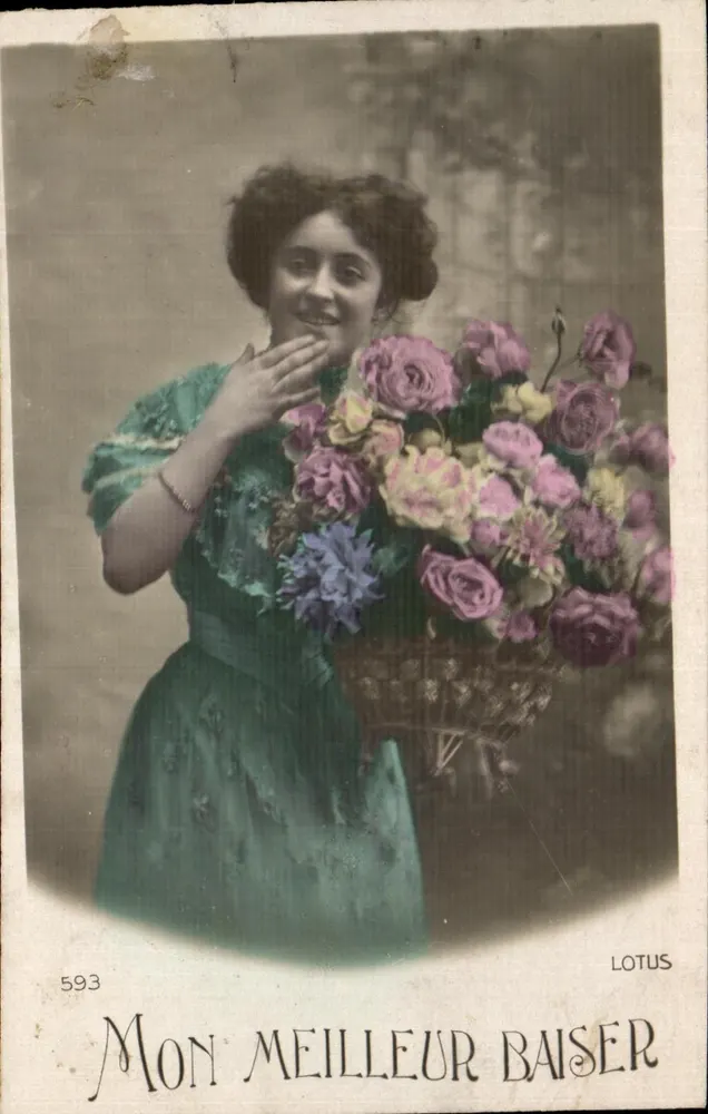 Frau mit Blumenstrauß — 'Mein bestes Kuss' — LOTUS, n°593 - Vorderseite