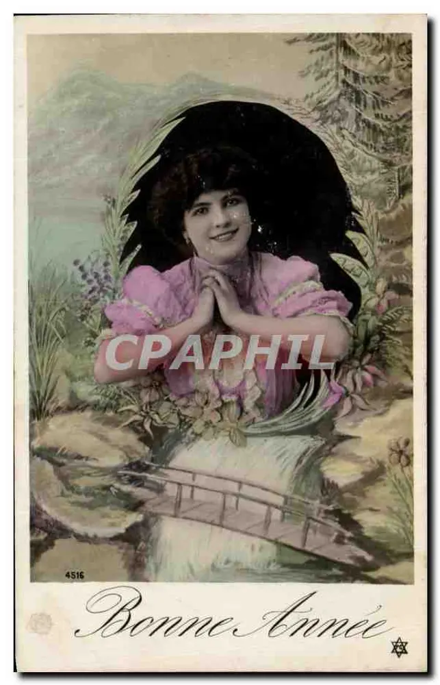 Frau in einem rosa Kleid — Berglandschaft und Brücke — Nr. 4516 - Vorderseite