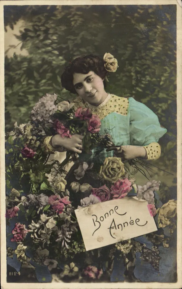 Frau mit Blumenstrauß — Frohe Neujahr — anonymer Verleger, Nr. 1124 - Vorderseite