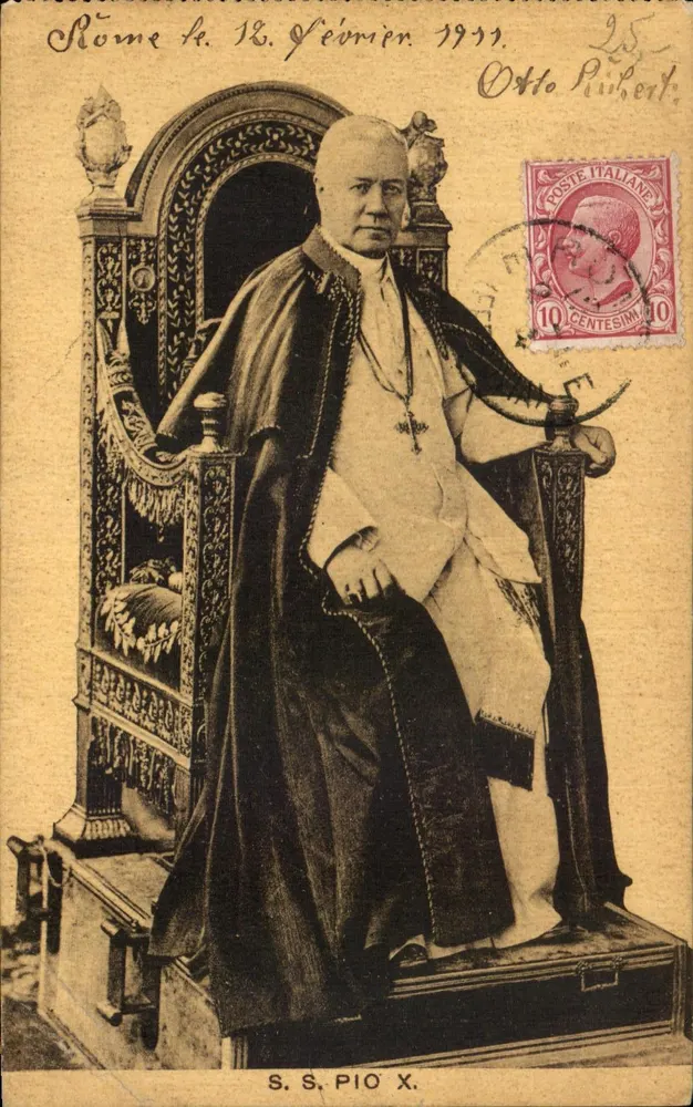 Pape Pie X — assis sur un trône orné — éditeur S.S. PIO X. - Frente