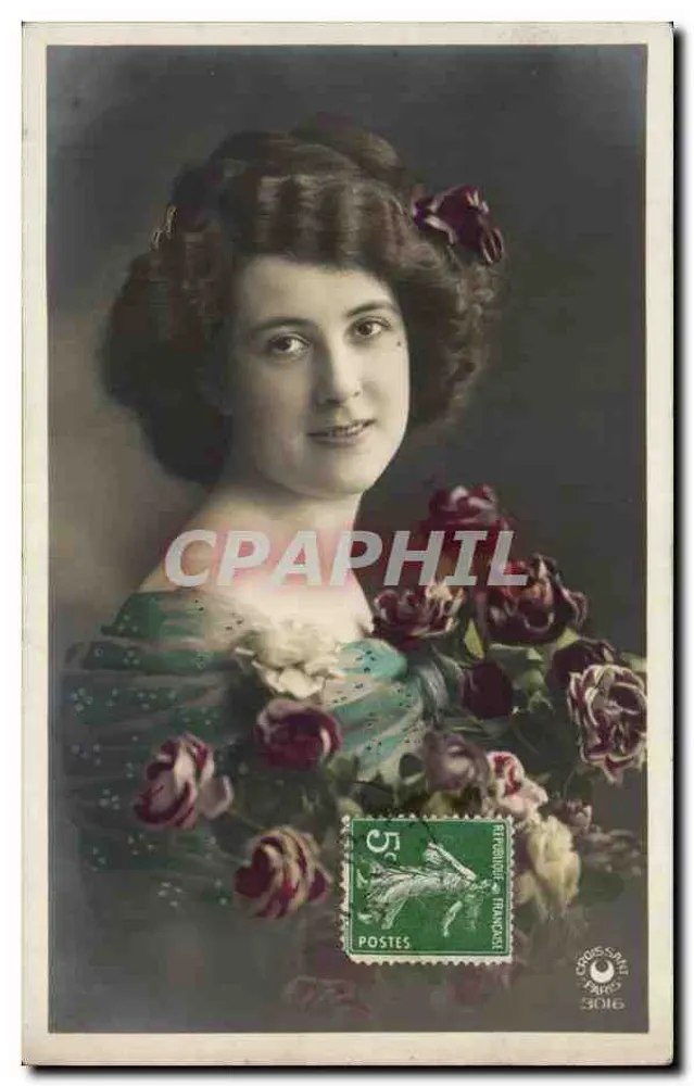 Frau mit Rosen — Karteikarte — Ch. Fontaine, Nr. 3016 - Vorderseite
