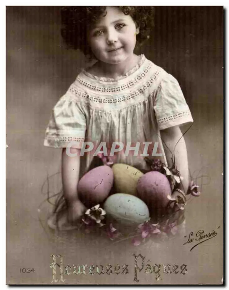 Ragazza che tiene un cesto di uova di Pasqua — 'Buone Pasque' — La Pensée, n° 1054 - Recto