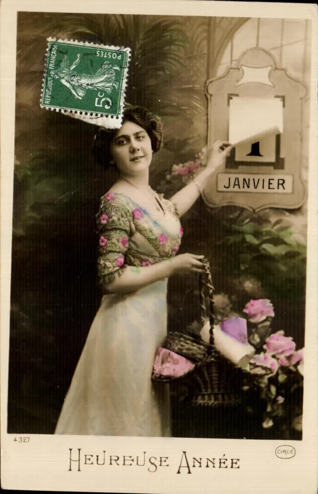 Frau in blühender Robe vor Kalender Januar — CIRCE, Nr. 4327 - Vorderseite