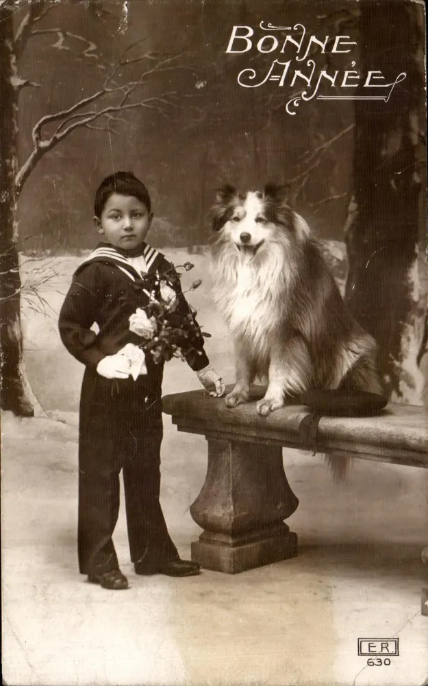 Kind in Seemannsanzug und Collie-Hund — Frohe Weihnachten — E.R. 630 - Vorderseite