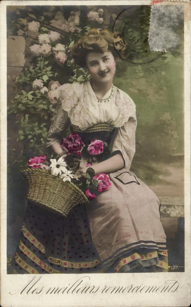 Junge Frau mit Blumenkorb — Meine besten Dank — JK - Vorderseite