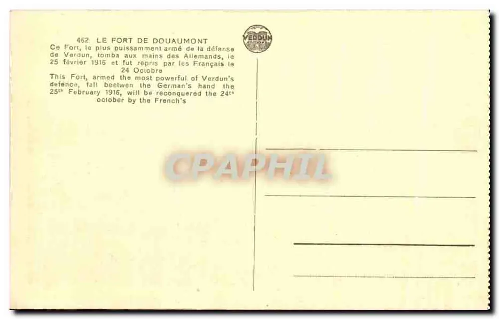 O Forte de Douaumont — Verdun — Editor Verdon, n° 462 - Verso