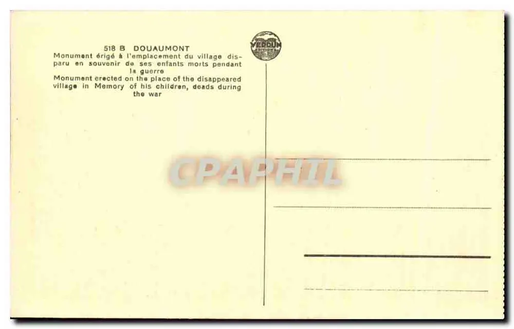 Douvainmont — Monument aos Mortos — editor Verdin, n° 518 B - Verso