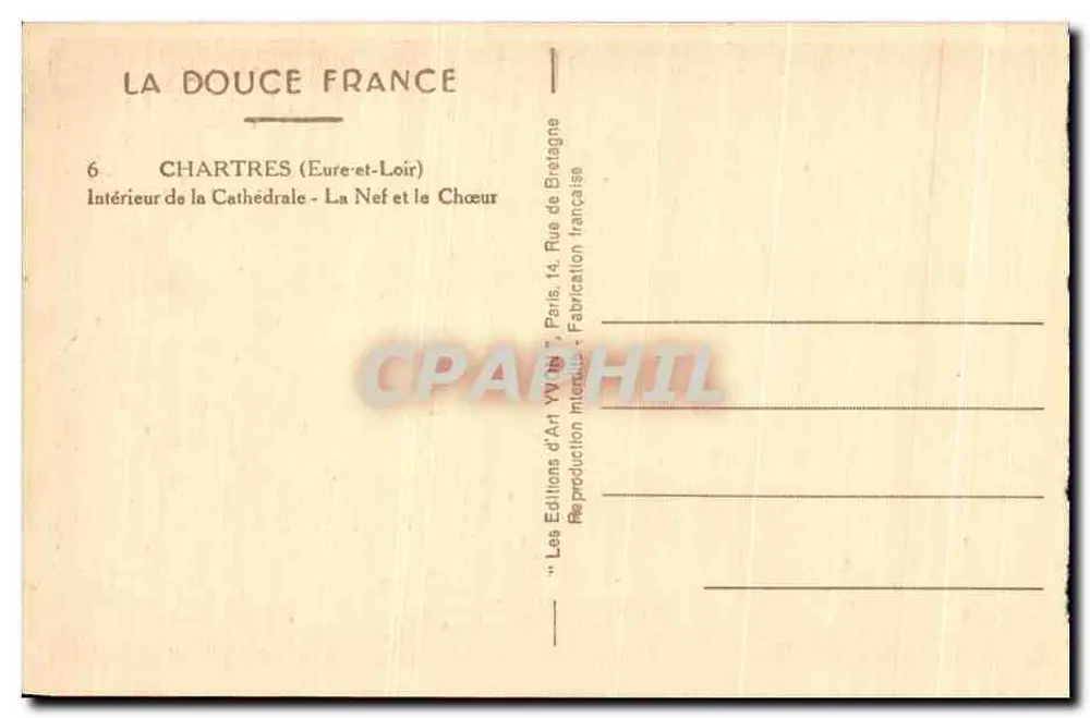 Chartres (Eure-et-Loir) — Intérieur de la Cathédrale : La Nef et le Chœur — Les Éditions d'Art YV 14, Paris - Rückseite