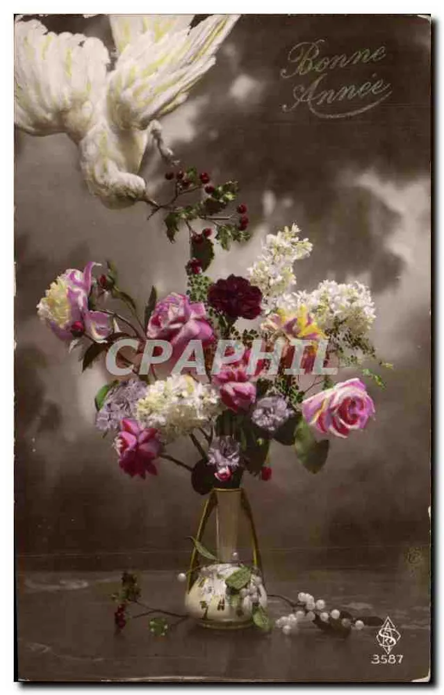 Weißer Vogel und Blumenstrauß — Frohe Neujahr — Verlag L. Branche-Antérieure, n° 3587 - Vorderseite