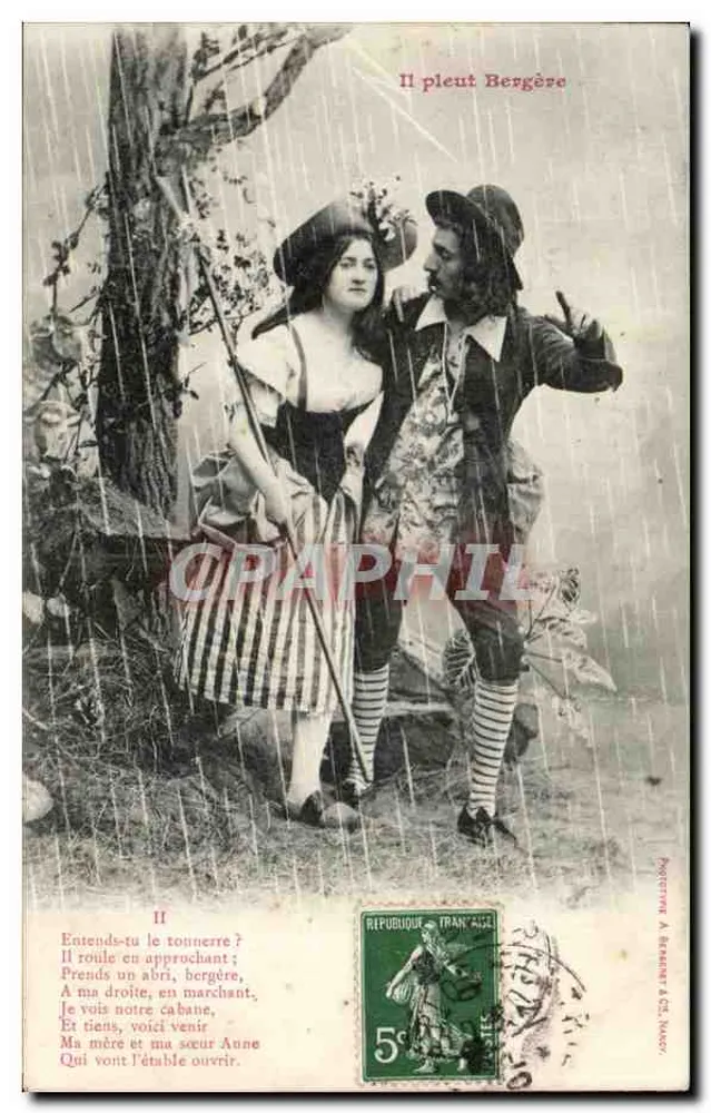 Zwei Personen in der Regen — gedruckter Text und Gedicht — Verlag A. Breguet & Cie, Nacy - Vorderseite