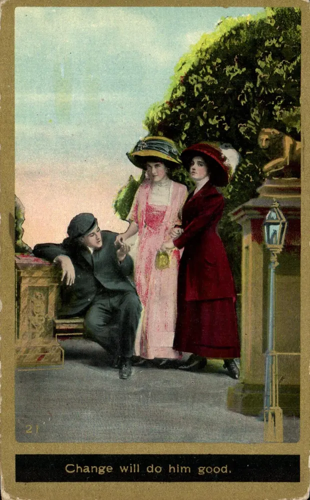 Deux femmes et un homme — scène de jardin — éditeur non identifié, n° 21 - Frente