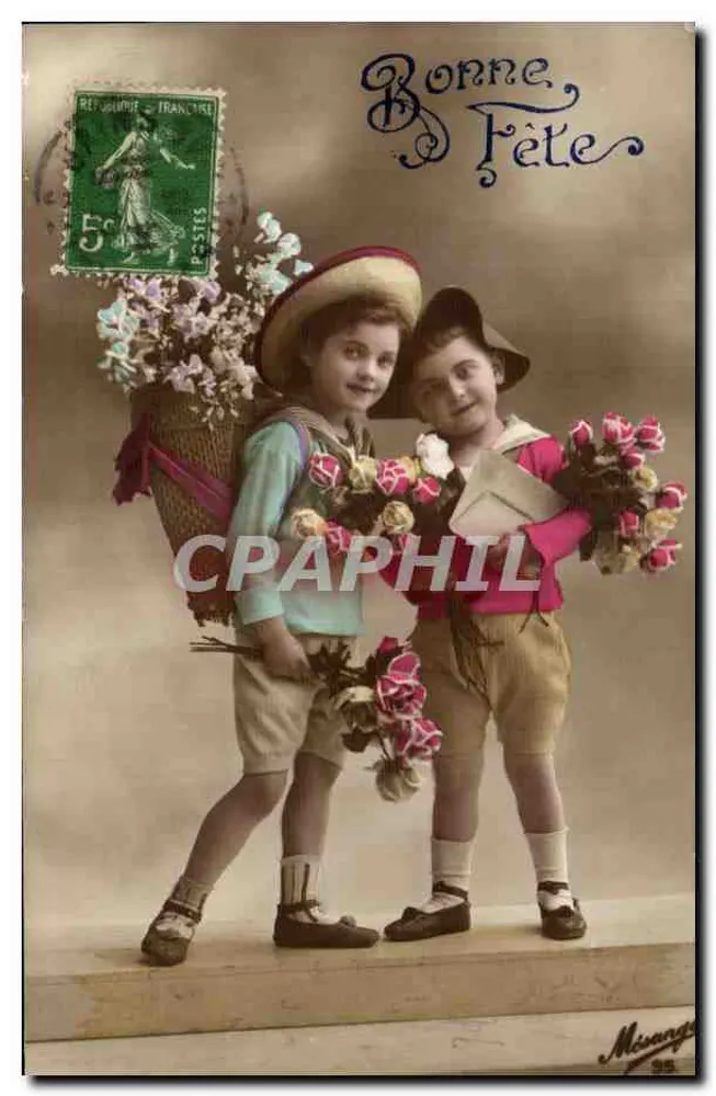 Zwei Kinder in festlicher Kleidung — mit Rosenstrauß — Verlag Mouvange, Nr. 95 - Vorderseite