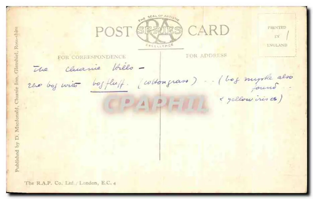 Les Cluanie Hills — vista de vale montanhoso — R.A.P. Co. Ltd, Londres - Verso