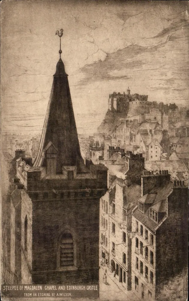 Turm der Magdalenenkapelle und Schloss Edinburgh — Ansicht nach einer Lithografie von A. Wilson — Verlag W.J. Hay, Edinburgh - Vorderseite