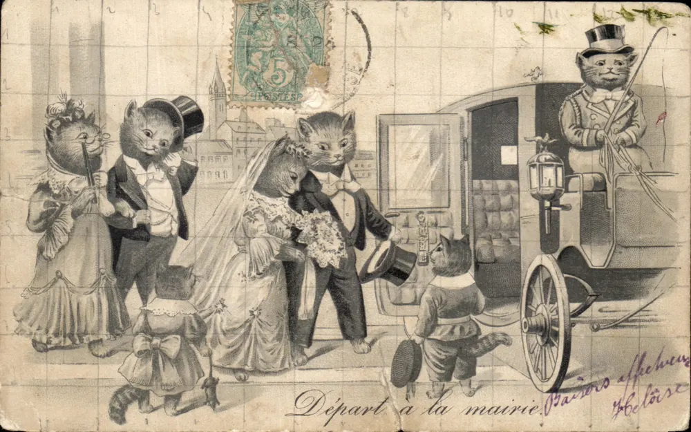 Départ à la mairie — scène de mariage avec des chats — éditeur Belâtre, n° 146 - Vorderseite