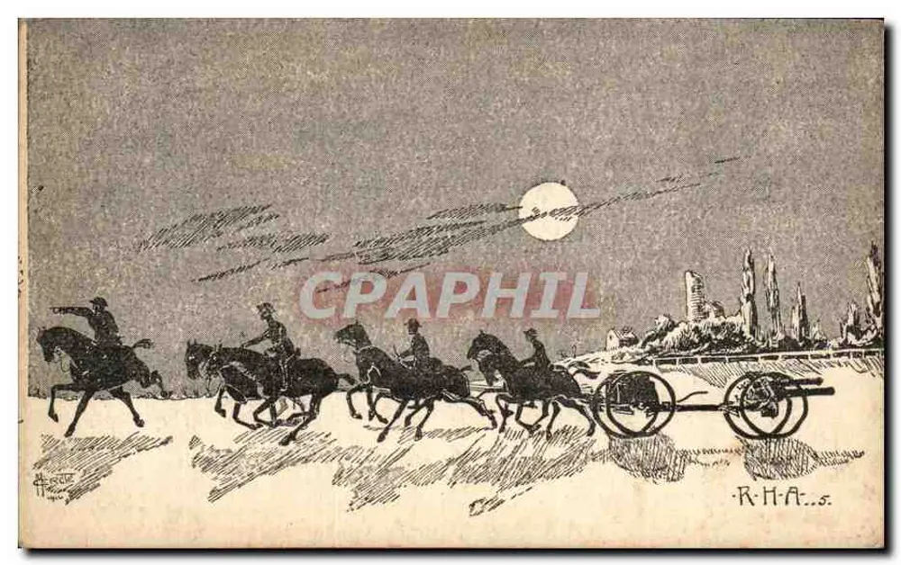 Reiter und ein Vierpferde-Wagen — Nacht-Szene — R.H.A. s. - Vorderseite