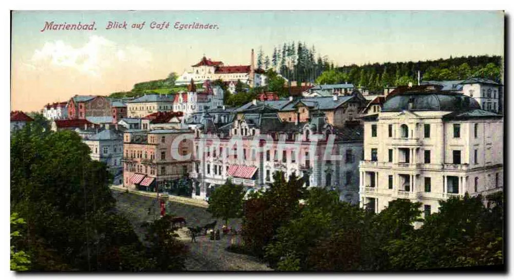 Marienbad — Widok na kawiarnię Egerländer — wydawca nieznany, nr serii 2518 - Awers