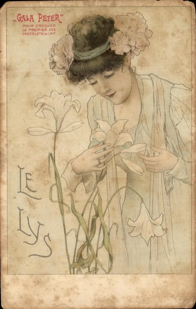 Femme avec lys — illustration publicitaire pour "Gala Peter" — éditeur "Gala Peter" - Frente