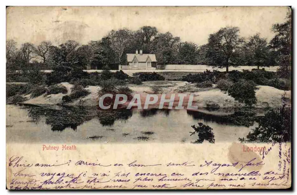 Putney Heath — vue de la rivière et d'une petite maison — éditeur non visible, n° de série 71481 - Frente
