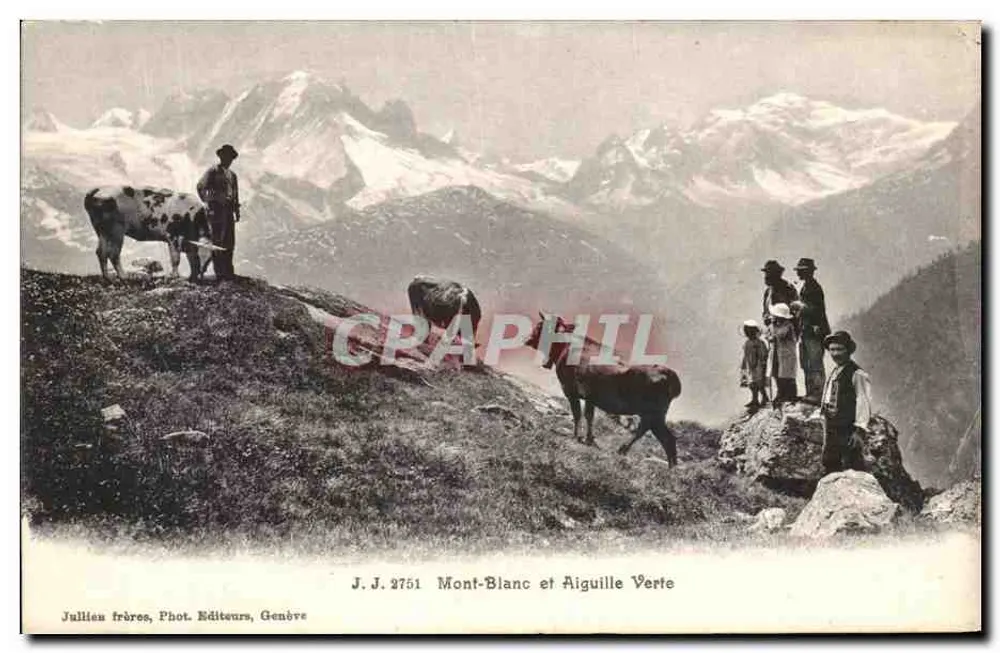 Mont-Blanc und Aiguille Verte — Alpines Bild mit Schäfern und Kühen — Julillia frères, Phot. Verleger, Genf, n° J.J. 2751 - Vorderseite
