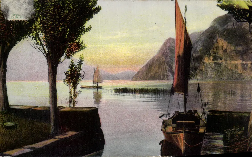 Lago de Garda — paisagem lacustre com barcos a vela — K.P. Editeurs, Série 1506 - Frente