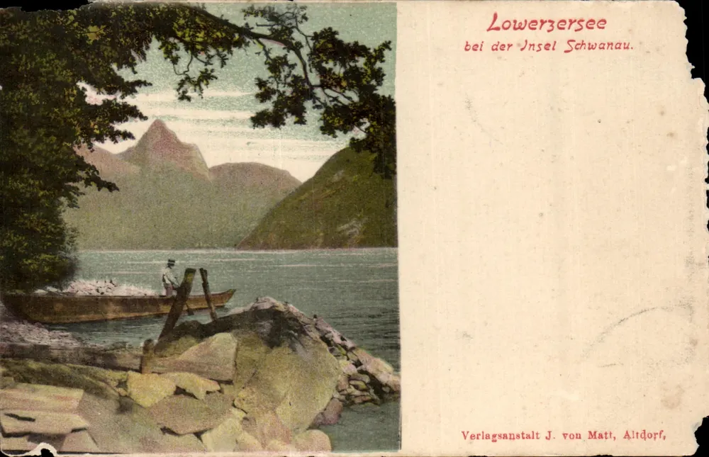 Lowerzersee — vue du lac avec un bateau près de l'île Schwanau — Verlagsanstalt J. von Matt, Altdorf - Vorderseite