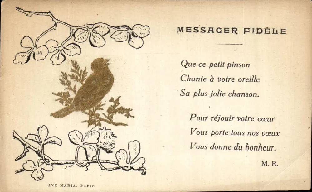 Vogel auf Ast — Illustration mit Gedicht 'Treuer Bote' — Verlag AVE MARIA, PARIS - Vorderseite