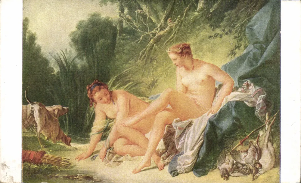 Diane, die aus der Badewanne kommt, mit einer ihrer Gefährtinnen — François Boucher (1703-1770), Erster Maler des Königs — Serie 5255, Musée du Louvre - Vorderseite