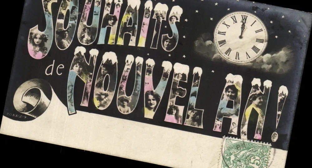 Neujahrswünsche! — Dekorative Karte mit Porträts und Uhr — unbekannter Verlag, n° 2033/219 - Vorderseite