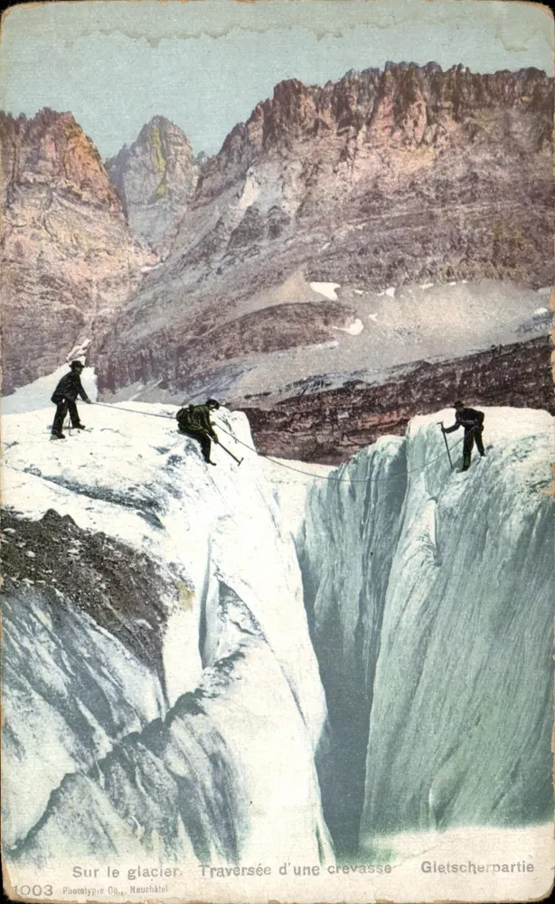 Auf dem Gletscher — Überschreitung einer Rissstelle — Phototypie Co., Neuchâtel n°1003 - Vorderseite