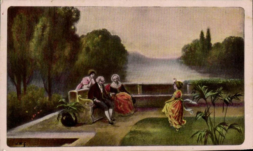 Garten-Szene — Paar auf einer Bank am See — Verlag W.M.G. - Vorderseite