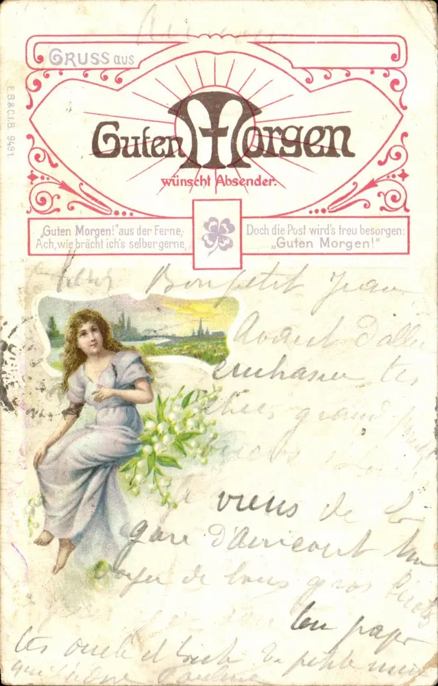 Frau sitzend mit Blumenbouquet — Grußkarte 'Guten Morgen' — Verlag ERECHB 9491 - Vorderseite