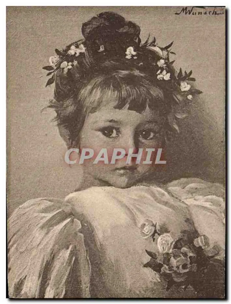 Menina pequena com vestido de babados — coroa de flores — desenho de Munach - Frente