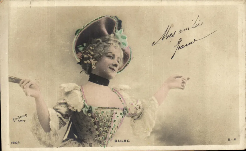 Thema: Frau im Theaterkostüm — Verlag: Reutlinger Paris, Nr. 190/1 — S.I.P. — Unterschrift 'Mes amitiés, Jeanne' — Dulac - Vorderseite