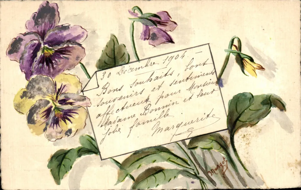 Violetas — desenho aquarelado — editor Monguet, número de série não visível - Frente