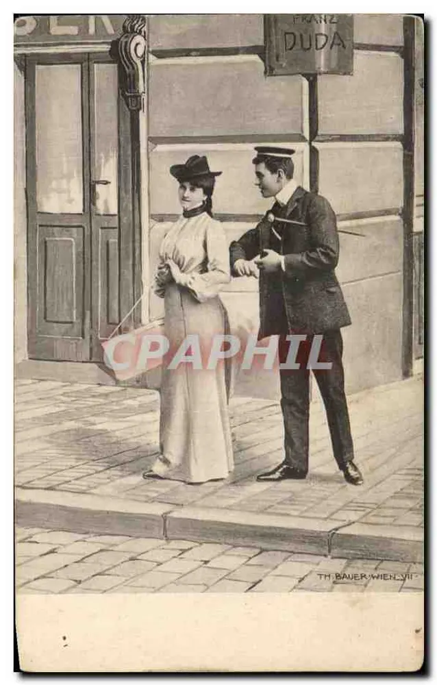 Junge Frau und Mann in Stadtkleidung — vor einer Tür mit Schild 'FRANZ DUDA' — TH. BAUER WIEN VII - Vorderseite