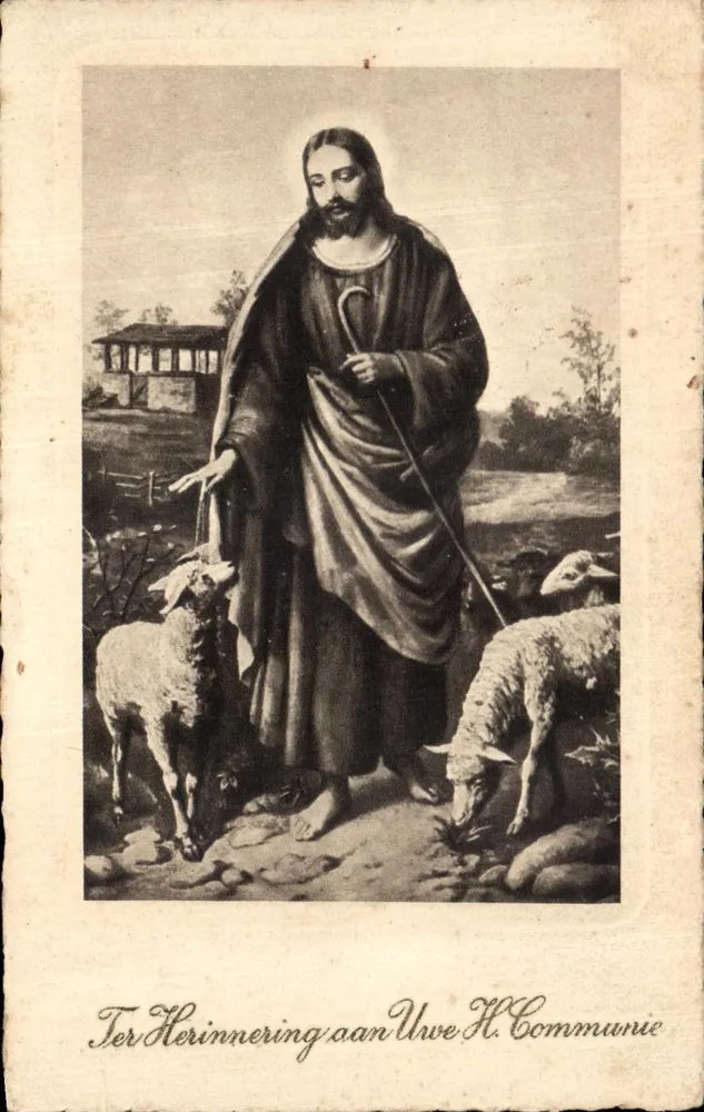 Jesus Cristo com carneiros — Lembrete da sua H. Comunhão — editor não visível - Frente