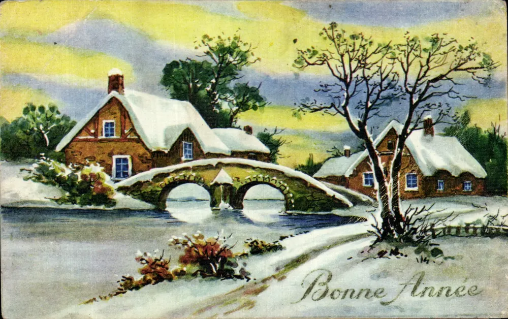 Winterlandschaft mit Brücke — 'Gutes Neues Jahr' — Französische Druckerei - Vorderseite