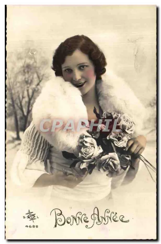 Frau in Pelz mit Rosen — Frohe Neujahr — S.P.L. n°4682 - Vorderseite