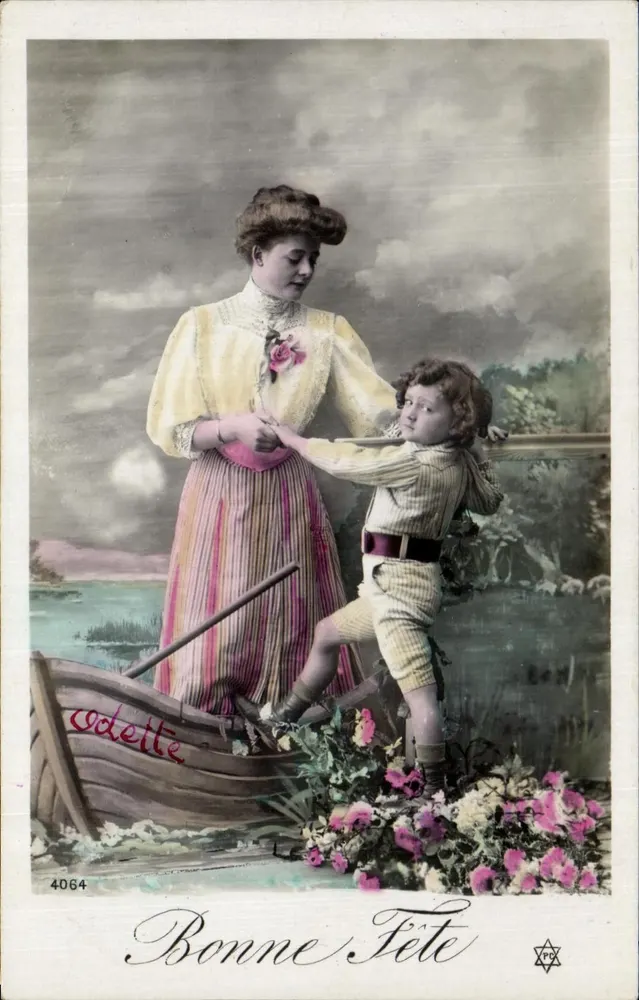 Frau und Kind in einem Boot — Frohe Geburtstagsgrüße — Odette, n°4064 - Vorderseite
