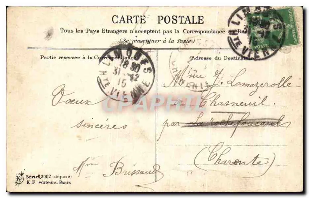 Paysage hivernal — maison et pont enneigés — K F éditeurs, Paris, Série 3002 - Rückseite