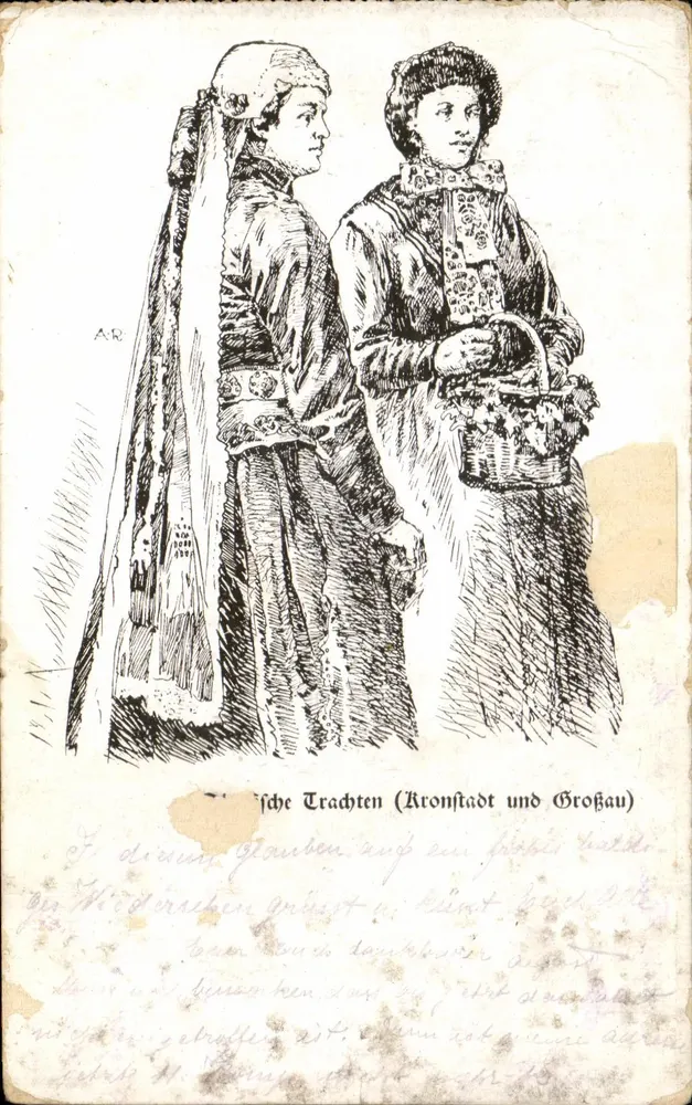 Deux femmes en tenues traditionnelles — Kronstadt et Großau — dessiné par A.R. - Frente