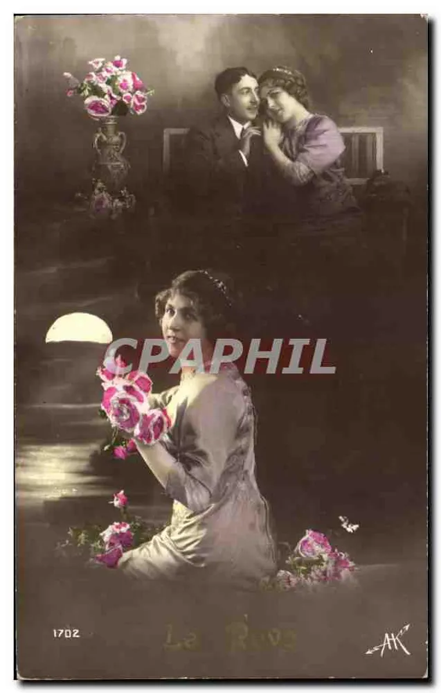 Die Rose — romantische Szene mit Paar und jungen Frau mit Rosen — Verlag La Rose, Nr. 1702 - Vorderseite