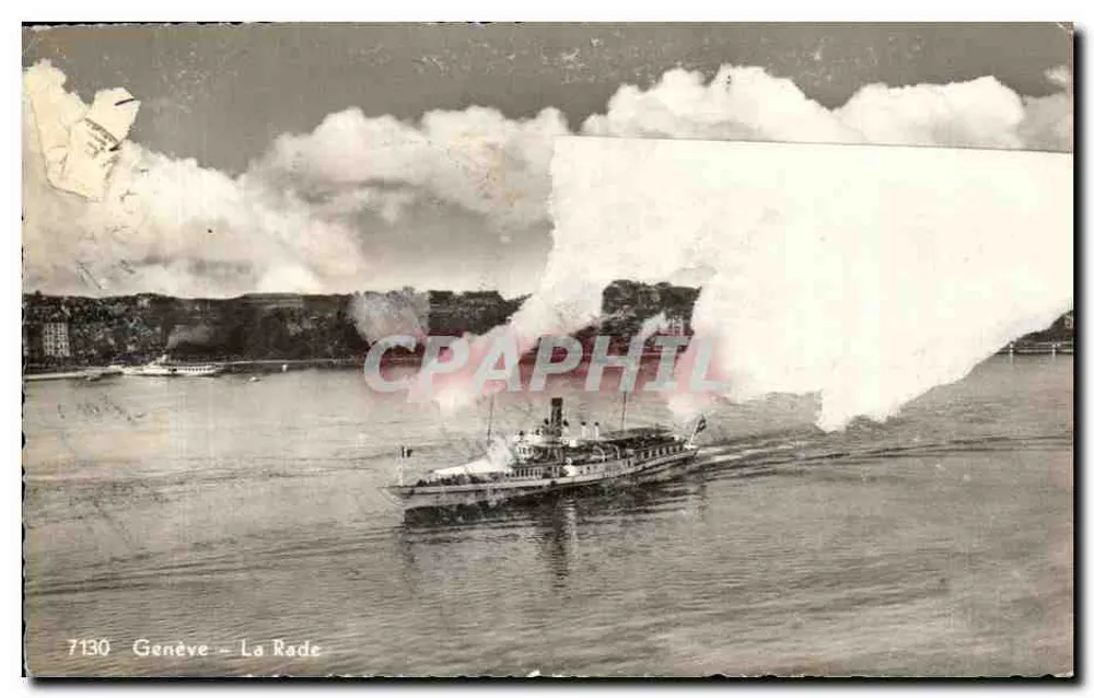 Genève – La Rade — bateau à vapeur sur le lac, éditeur JAEGER GENEVE, n° 7130 - Frente