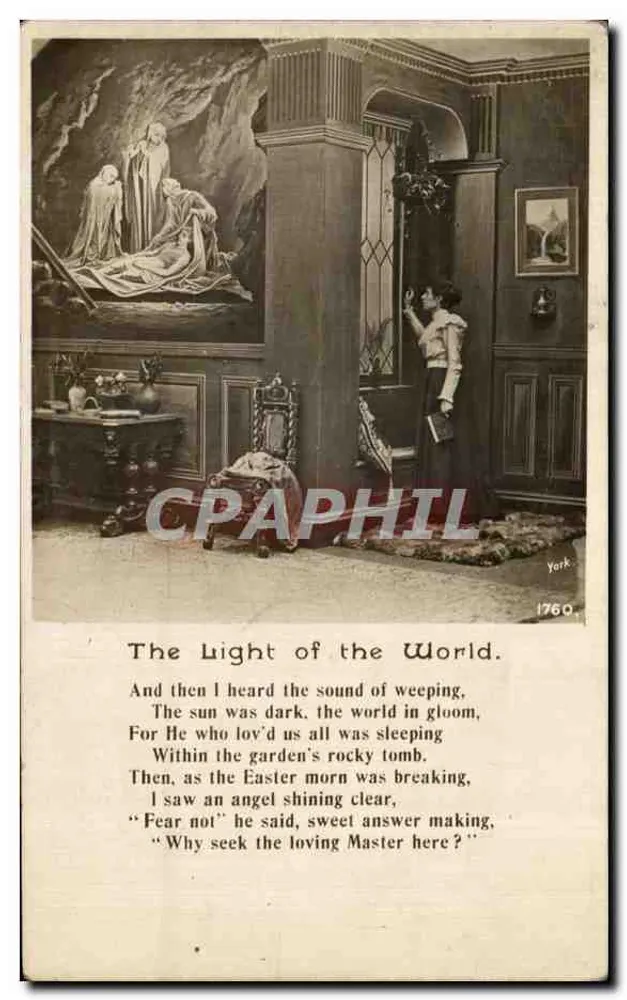 A luz do mundo — cena interior com quadro religioso — The Rapid Photo Printing Co. London, série 'Song Series' n°1760 - Frente